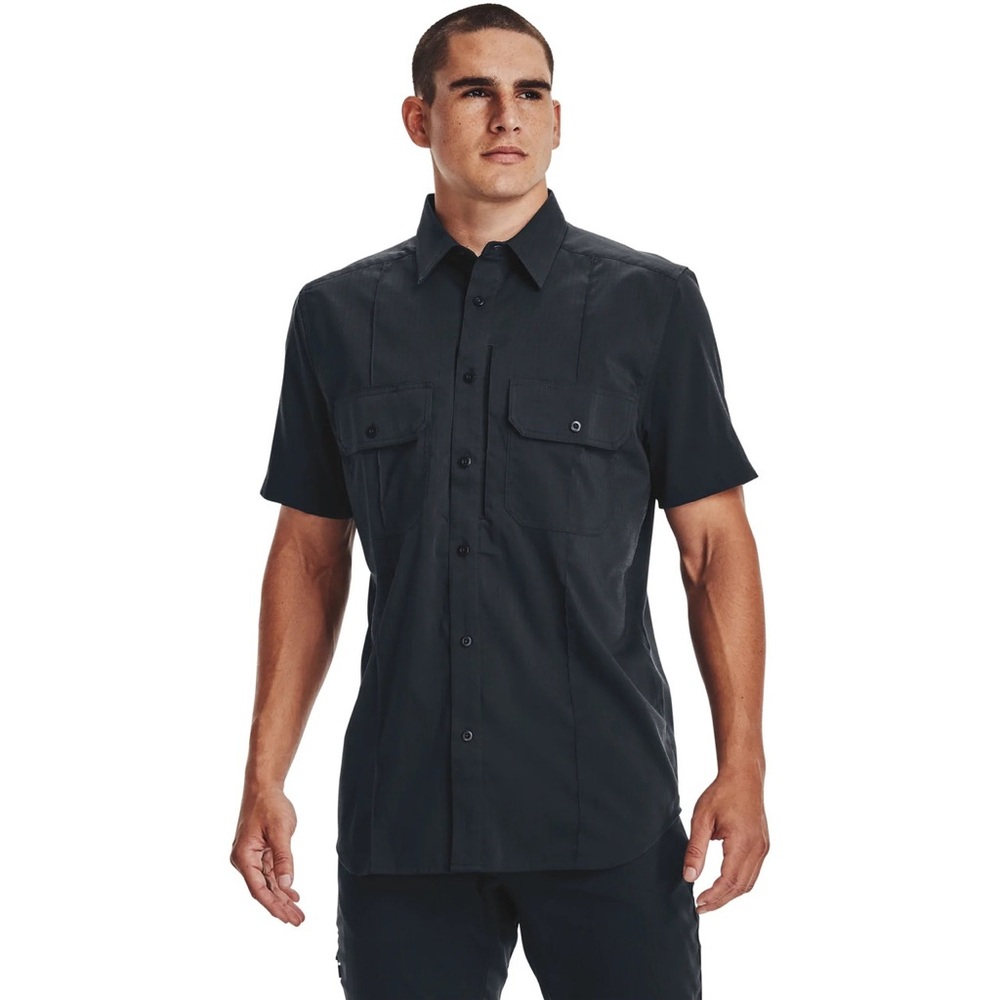 NWT Men’s Under Armour Navy Button Up Pocketed SS Tactical Loose Shirt Size XXL